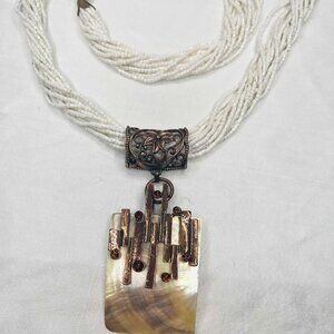 Vintage Mother of Pearl Beaded Necklace with Pendant – Long, 86 cm